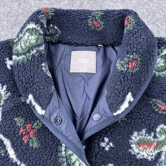 Kith Pinehurst Sherpa Fleece Jacket Mens Large Navy Paisley Snap Front Bomber - Picture 2 of 11